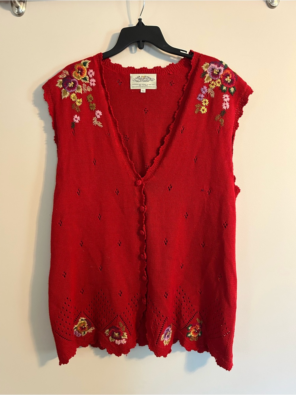 Susan Bristol Red Floral Embroidered Petunias Knit Vest